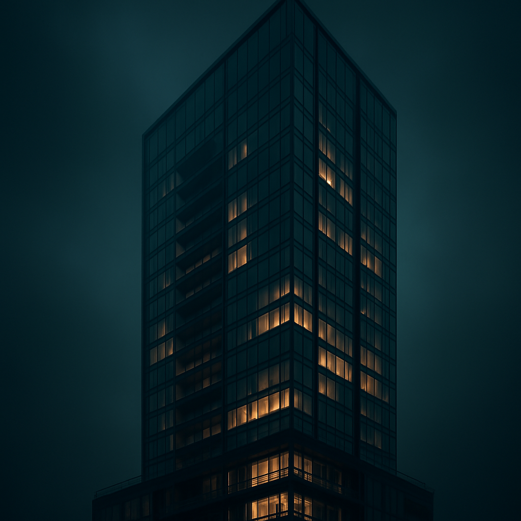 A modern glass real estate tower at dusk managed by PARES